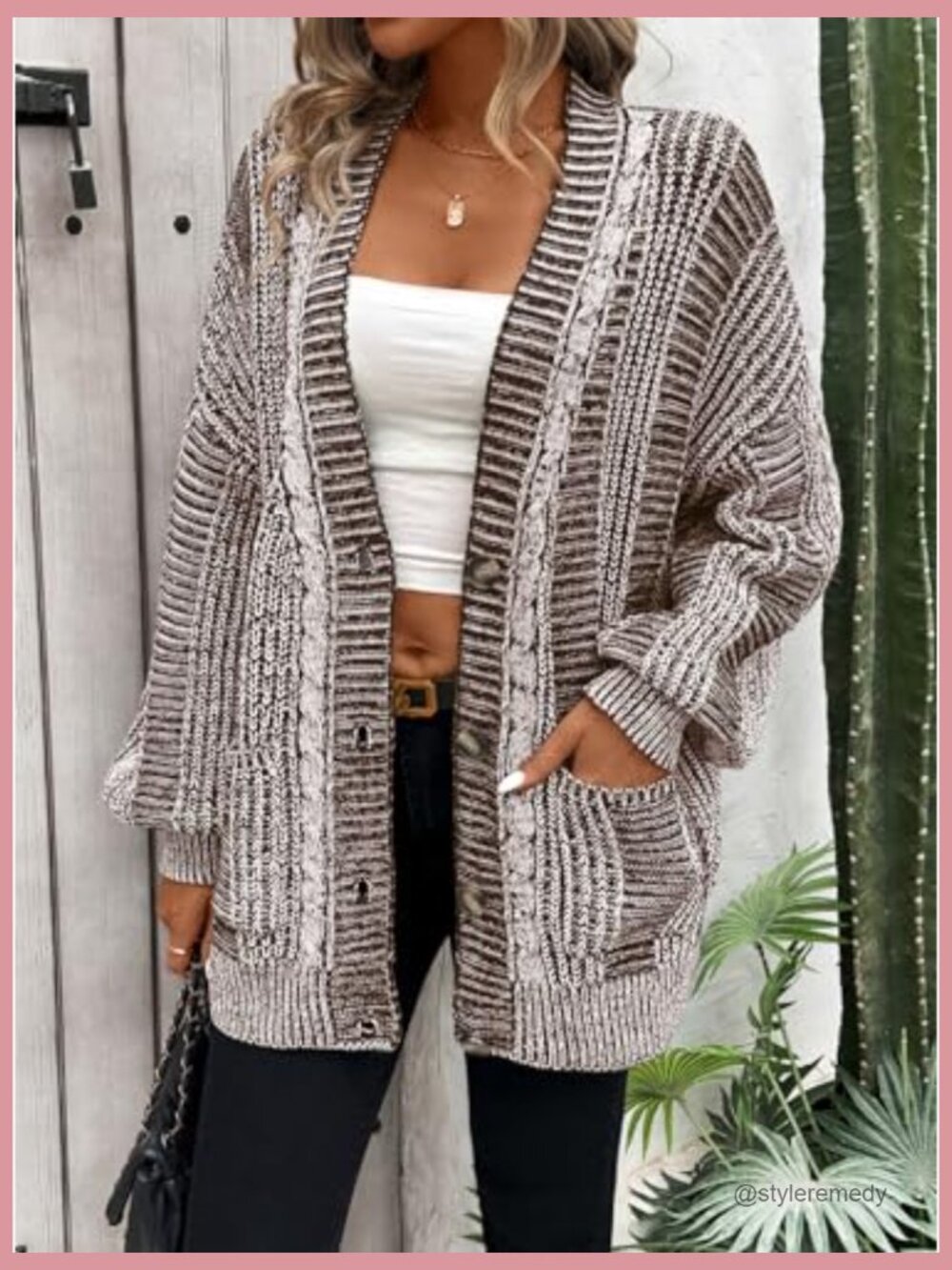 Oversized Cardigan Sweater Long Sleeve Cable Knit Outerwear Coat with Pockets - Picture 3 of 7